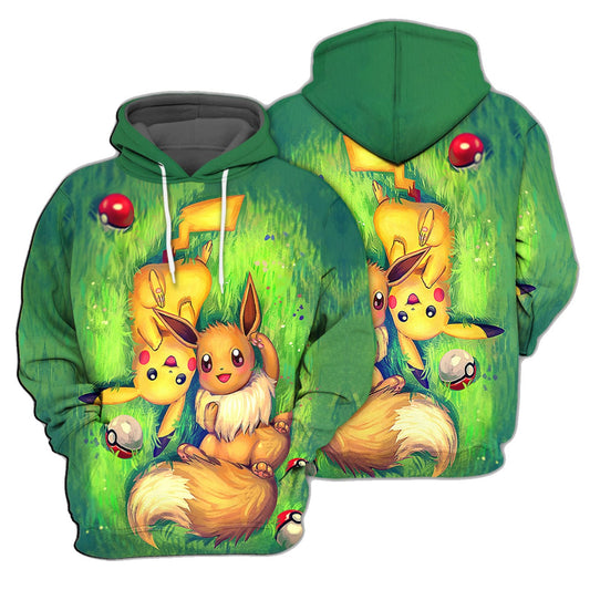 Pokemon Hoodie Pikachu And Eevee On The Ground Hoodie Colorful Unisex - Cozy Hoodie For Cold Weather