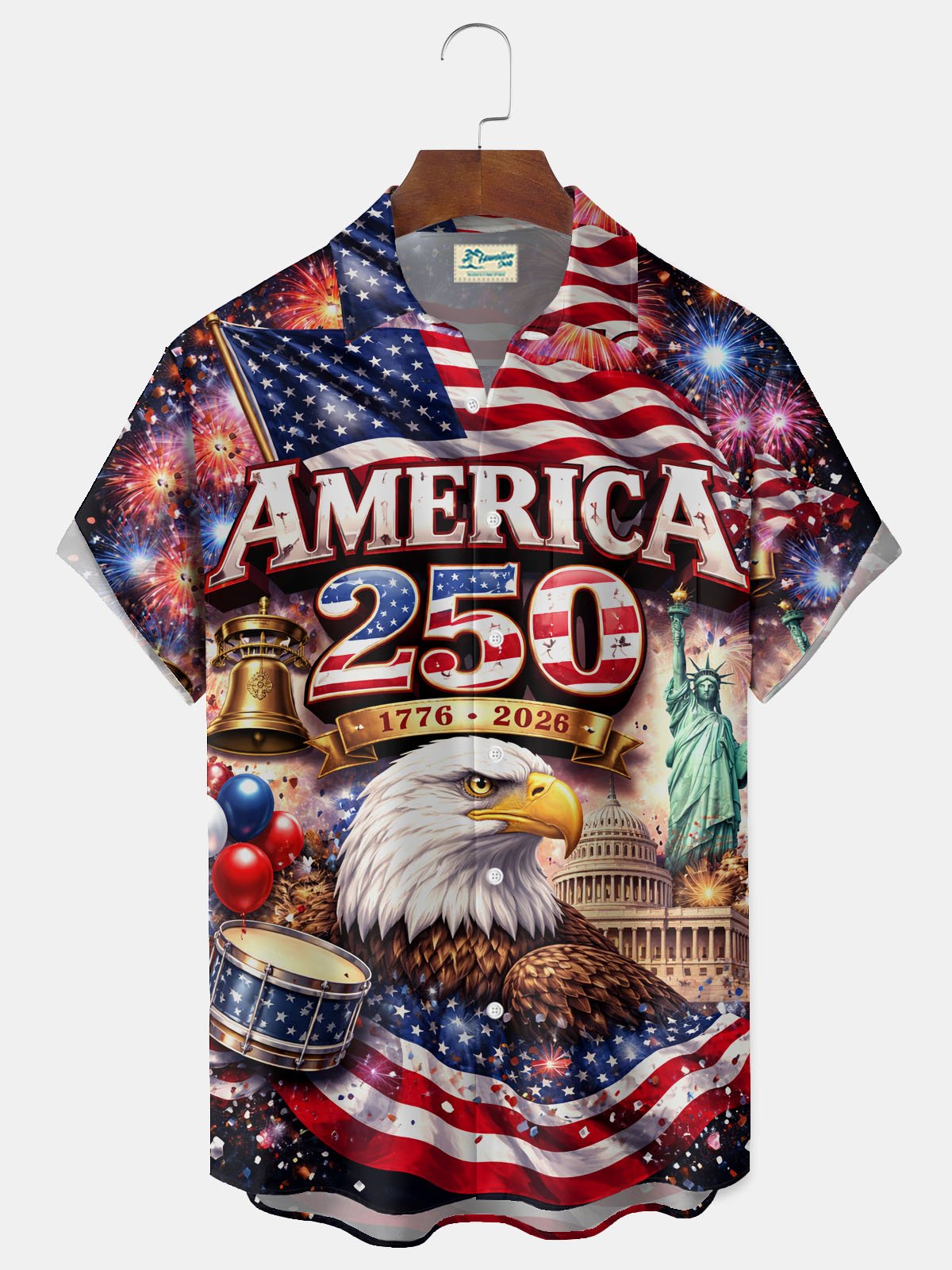 Alohadaddy® Hawaiian Retro Flag 250th Anniversary Print Men's Button-Down Short-Sleeve Shirt Big & Tall