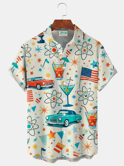 Alohadaddy® Hawaiian Retro Geometric Atomic Car Cocktail Print Men's Button-Down Short-Sleeve Shirt Big & Tall