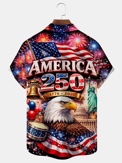 Alohadaddy® Hawaiian Retro Flag 250th Anniversary Print Men's Button-Down Short-Sleeve Shirt Big & Tall