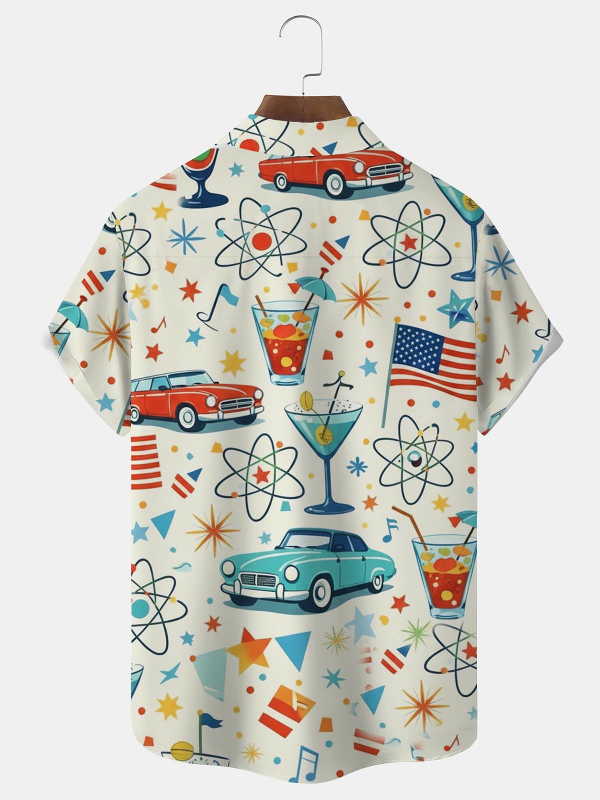 Alohadaddy® Hawaiian Retro Geometric Atomic Car Cocktail Print Men's Button-Down Short-Sleeve Shirt Big & Tall