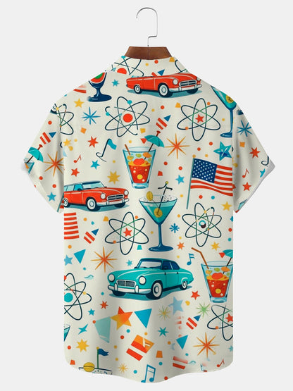 Alohadaddy® Hawaiian Retro Geometric Atomic Car Cocktail Print Men's Button-Down Short-Sleeve Shirt Big & Tall