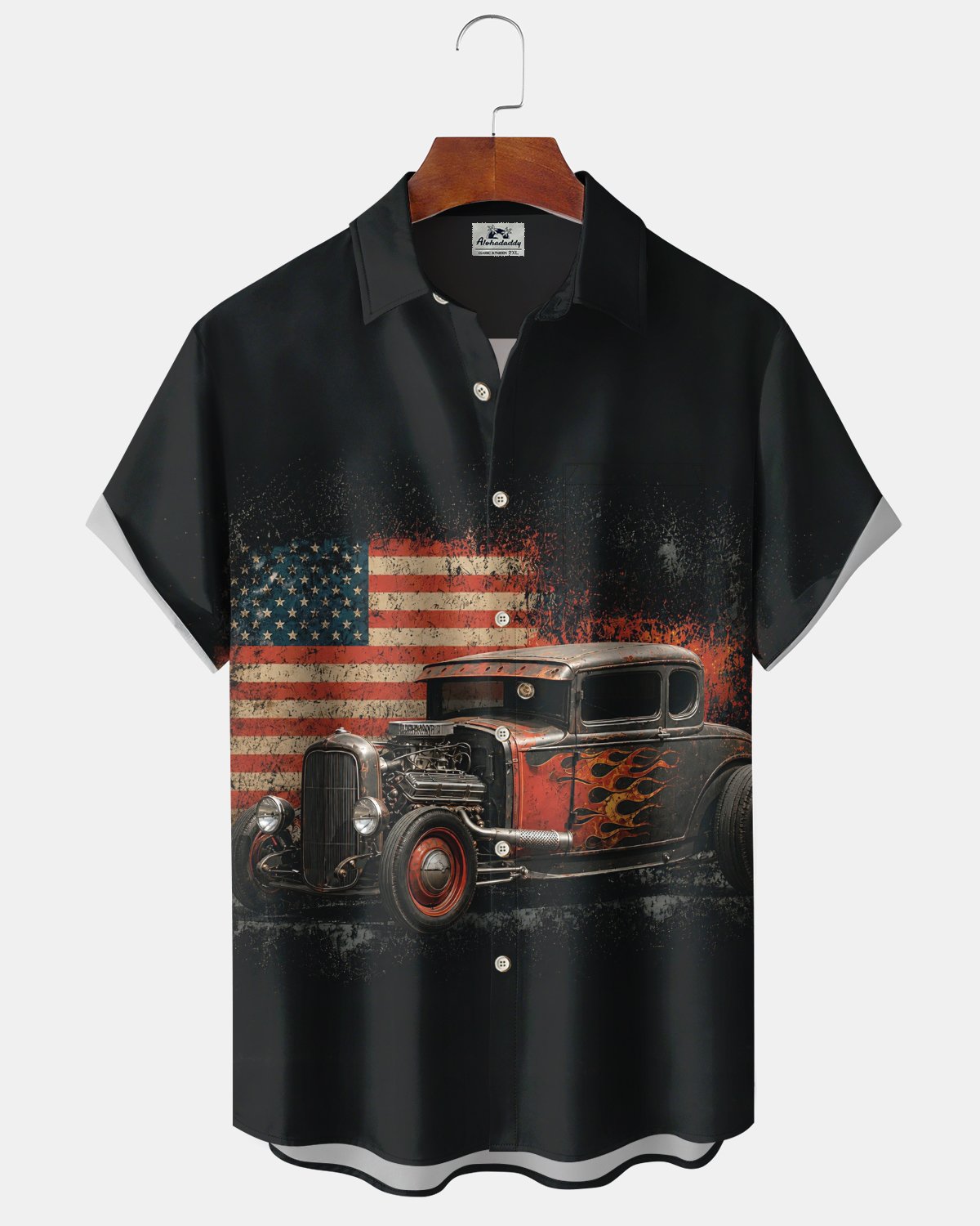 Alohadaddy® Men's Short-Sleeve Button-Down Shirt with Vintage Car Print and Chest Pocket