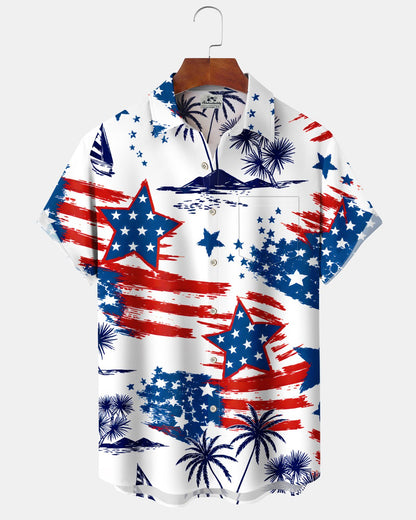 Alohadaddy® Vintage Flag Print Art Men's Short-Sleeve Shirt  Button-Front Cardigan with Pockets