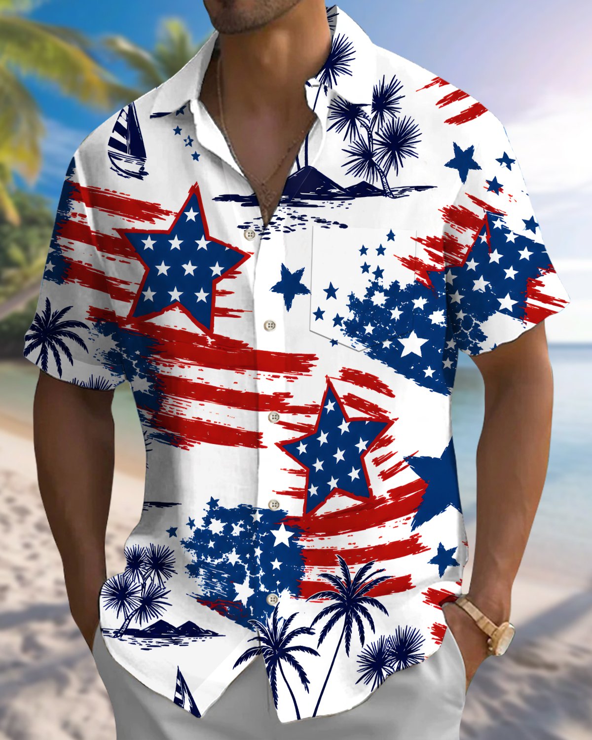 Alohadaddy® Vintage Flag Print Art Men's Short-Sleeve Shirt  Button-Front Cardigan with Pockets