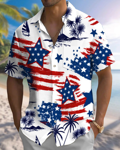 Alohadaddy® Vintage Flag Print Art Men's Short-Sleeve Shirt  Button-Front Cardigan with Pockets
