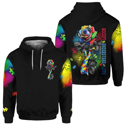 Autism Hoodie Accept Understand Love Rose Graphic T-Shirt Black Unisex - Trendy Gift For Men & Women