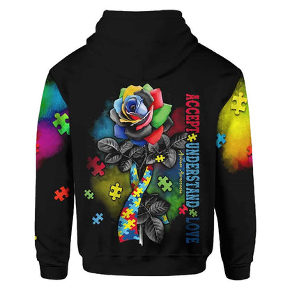 Autism Hoodie Accept Understand Love Rose Graphic T-Shirt Black Unisex - Trendy Gift For Men & Women