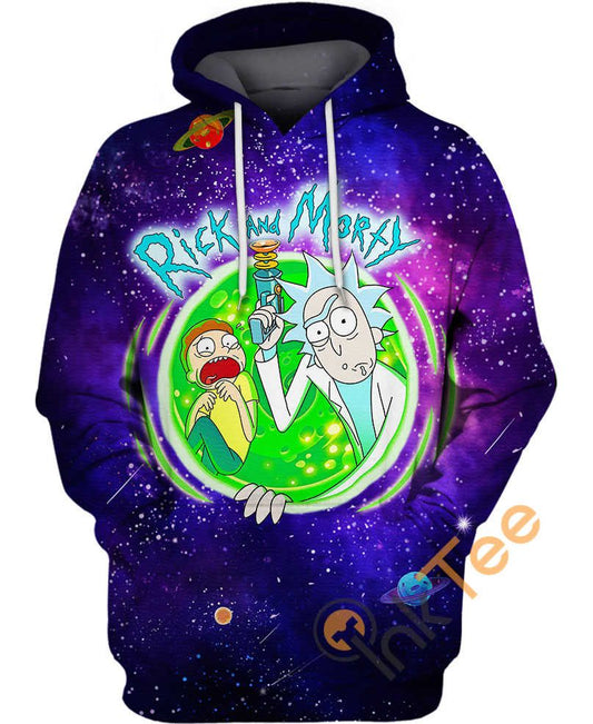  Rick And Morty Hoodie Rick And Morty With Laser Gun Through Portal Galaxy Blue Hoodie Apparel Fll Print Women Men