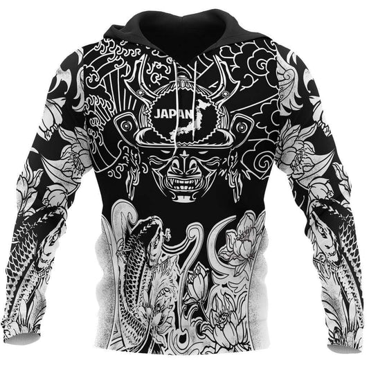 Gifury Japan Hoodie Japan Samurai Skull Koi Fish Black White Hoodie Japan Apparel 2022