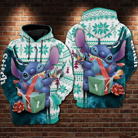  DN Hoodie Stitch Open Gift Christmas Pattern Blue Hoodie Stitch Hoodie