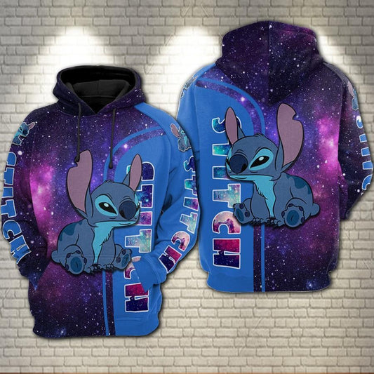  DN Hoodie Stitch Hoodie Stitch Grumpy Face Galaxy Purple Blue Hoodie