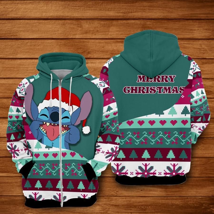  DN Christmas Hoodie Stitch Merry Christmas Christmas Pattern Green Zip Hoodie