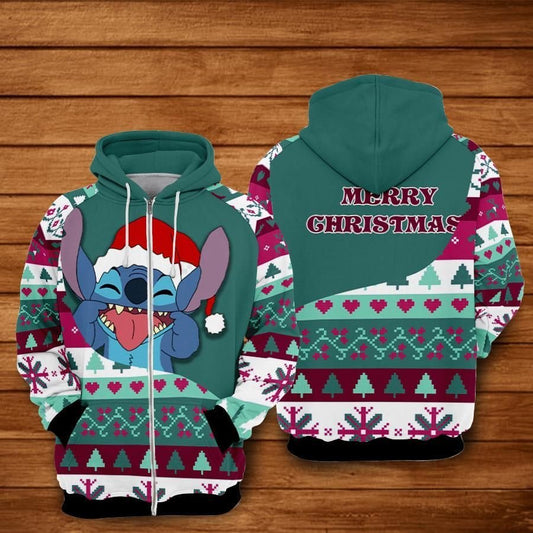  DN Christmas Hoodie Stitch Merry Christmas Christmas Pattern Green Zip Hoodie