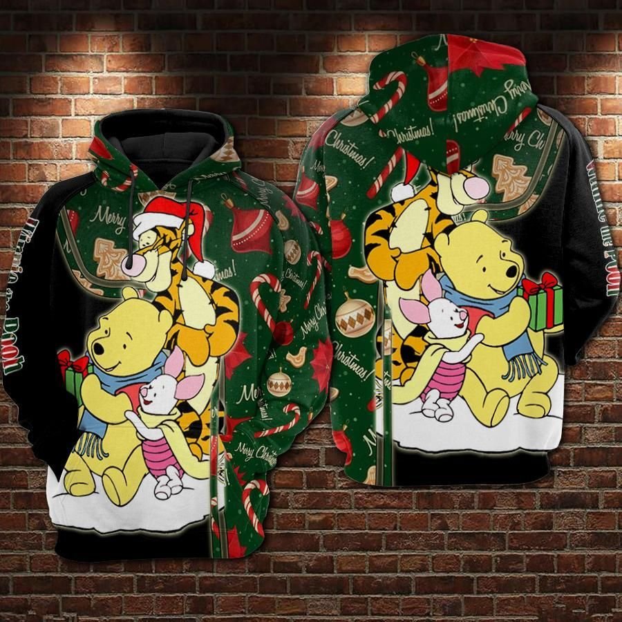  DN Christmas Hoodie Pooh Tigger Piglet On Christmas Green Black Hoodie