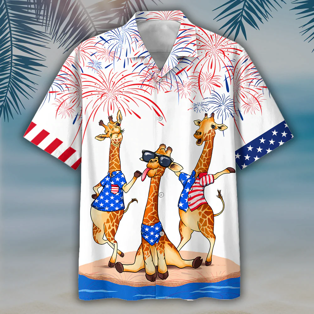 Giraffe Hawaiian Shirt For Independence's Day, Happy 4Th Of July Patriotic Giraffe Hawaii Aloha Beach Shirt Full Print