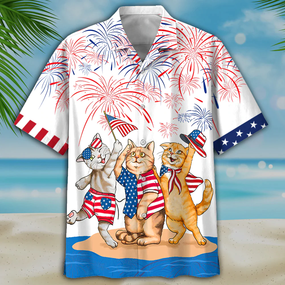 Cool Cat Hawaiian Shirt, American Shorthair Shirts Independence Day, Patriotic Cat Pet Hawaii Aloha Shirt