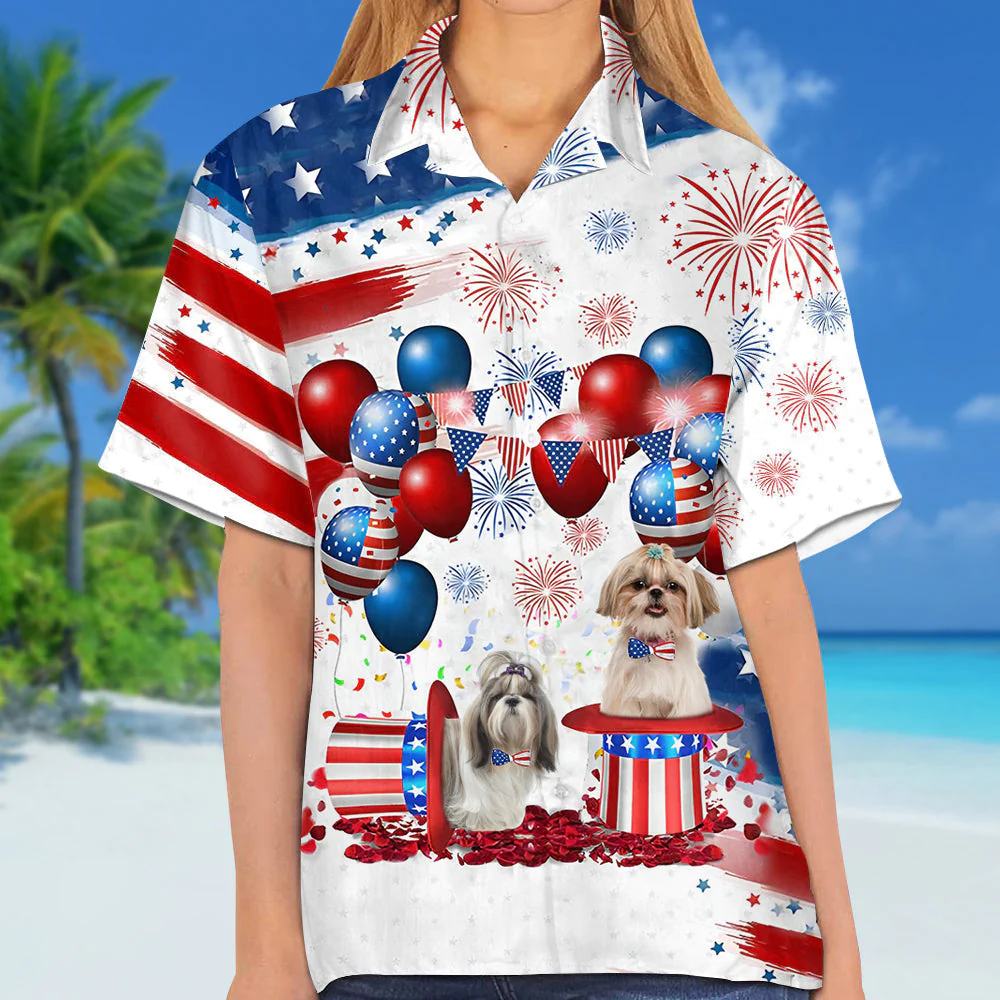 Shih Tzu Independence Day Hawaiian Shirt, Dog Hawaii Beach Shirt Short Sleeve For 4Th Of July