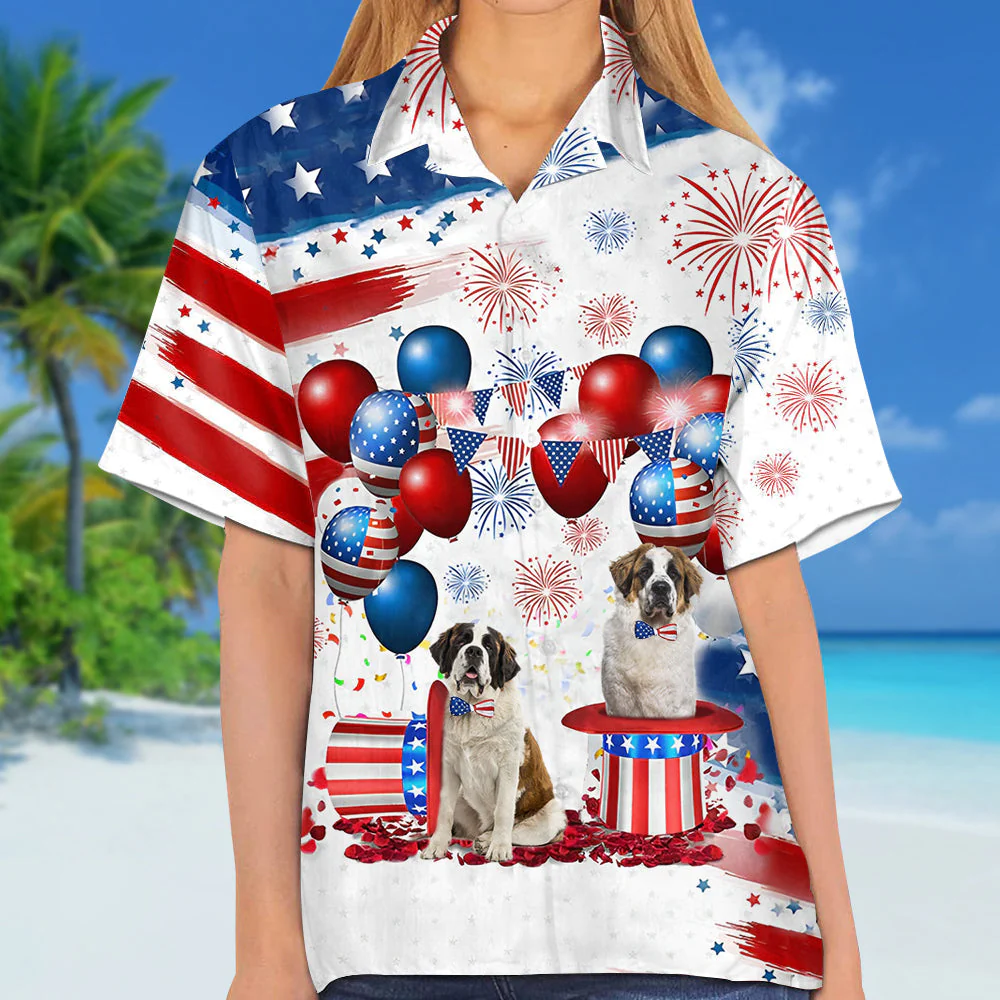 Saint Bernard Independence Day Hawaiian Shirt, Dog Hawaii Beach Shirt Short Sleeve For 4Th Of July