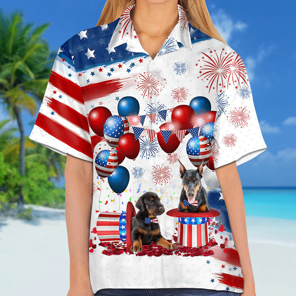 Doberman Independence Day Hawaiian Shirt, Dog Hawaii Beach Shirt Short Sleeve For 4Th Of July
