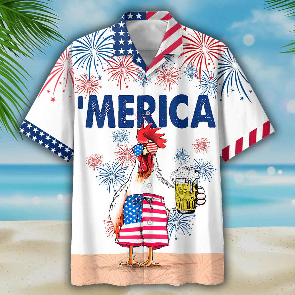 Funny Chicken Beer Hawaiian Shirt For Independence'S Day, Cool Chicken Patriotic 4Th Of July Gift For Chicken Lovers