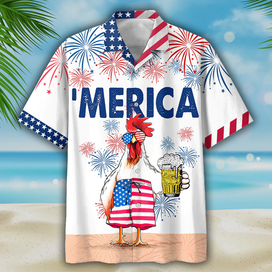 Funny Chicken Beer Hawaiian Shirt For Independence'S Day, Cool Chicken Patriotic 4Th Of July Gift For Chicken Lovers