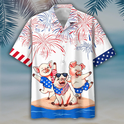 Pig's 3D Full Print Hawaiian Shirts, Independence Day Is Coming, Happy 4Th Of July Pig Aloha Beach Shirt