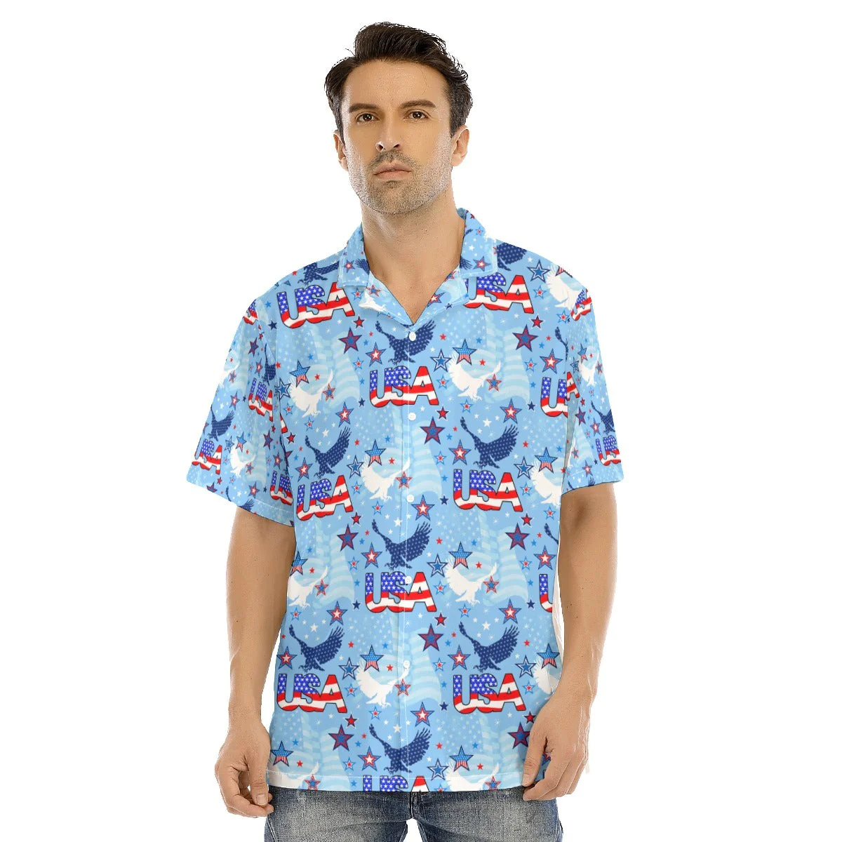 Hawaiian Camp Collar Short Sleeve Button-Down Shirt Usa, Hawaiian Shirt For Summer And 4Th Of July