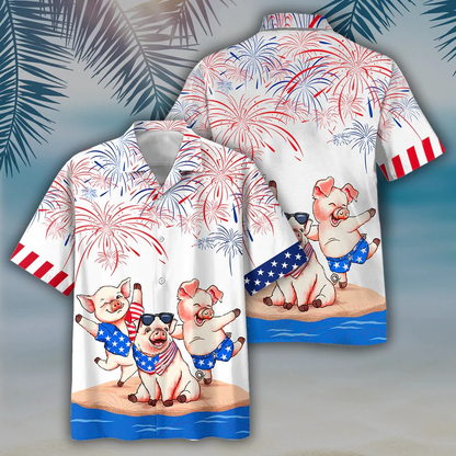 Pig's 3D Full Print Hawaiian Shirts, Independence Day Is Coming, Happy 4Th Of July Pig Aloha Beach Shirt