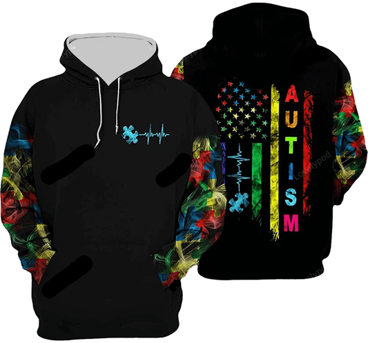 Autism Hoodie Autism Smoke Flag Heart Beat Hoodie Colorful Unisex - Cozy Hoodie For Cold Weather