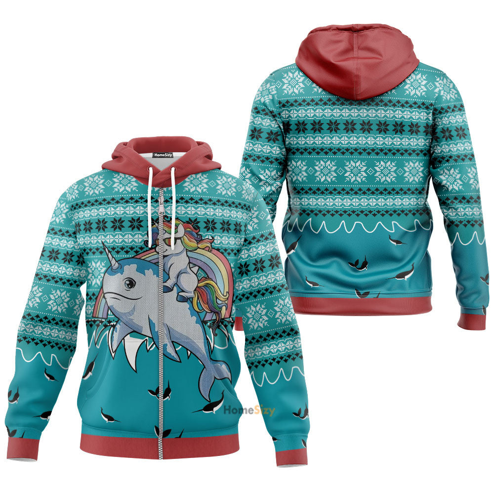 Ugly Unicorn Riding Narwhal Christmas Hoodie Tshirt QT210392Tf