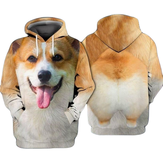 Dog Hoodie Corgi Cute Dog Front And Back Hoodie White Brown Unisex - Cozy Hoodie For Cold Weather