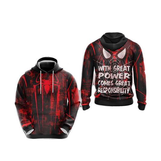 Spiderman Hoodie Marvel With Great Power Comes Great Responsibility Hoodie Red Black Unisex - Cozy Hoodie For Cold Weather