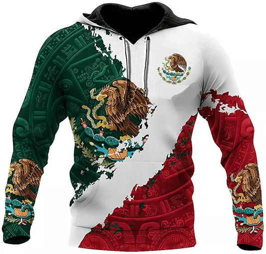 Mexico Hoodie Coat Of Arms Of Mexico Aztec Pattern Hoodie Red Green Unisex - Cozy Hoodie For Cold Weather