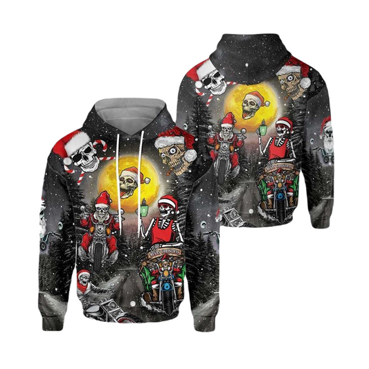 Motorcycle Hoodie Skull Santa Motorcycle Merry Christmas Hoodie Black Unisex - Cozy Hoodie For Cold Weather