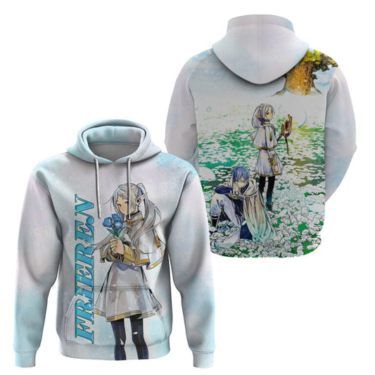 Frieren Beyond Journey’S End Hoodie Frieren And Himmerl On Flower Field Hoodie White Blue Unisex - Cozy Hoodie For Cold Weather