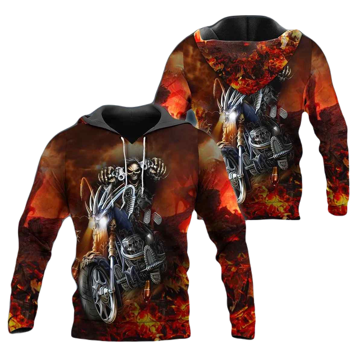 Motorcycle Hoodie Fire Skeleton Biker On Motorcycle Hoodie Red Black Unisex - Cozy Hoodie For Cold Weather
