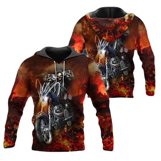 Motorcycle Hoodie Fire Skeleton Biker On Motorcycle Hoodie Red Black Unisex - Cozy Hoodie For Cold Weather