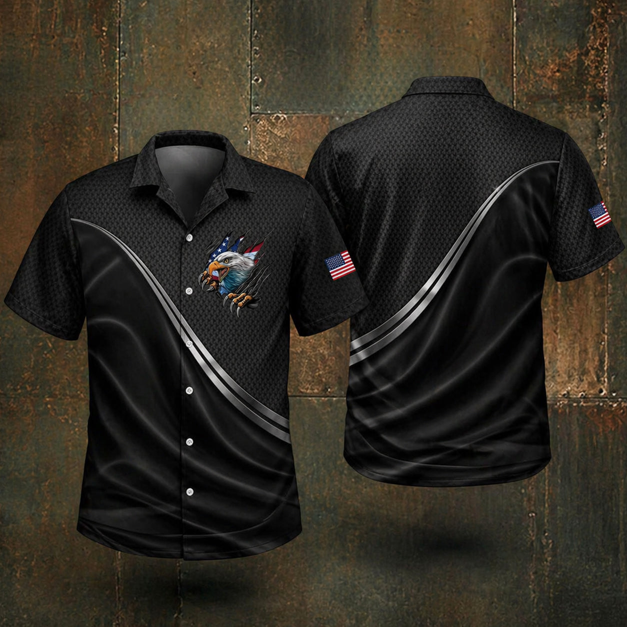 Black Eagle USA Flag Hawaii Shirt Patriotic American Casual Button Up