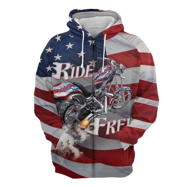 Motorcycle Zip Hoodie Motorbike Free Ride American Flag Zip Hoodie Colorful Unisex - Cozy Hoodie For Cold Weather