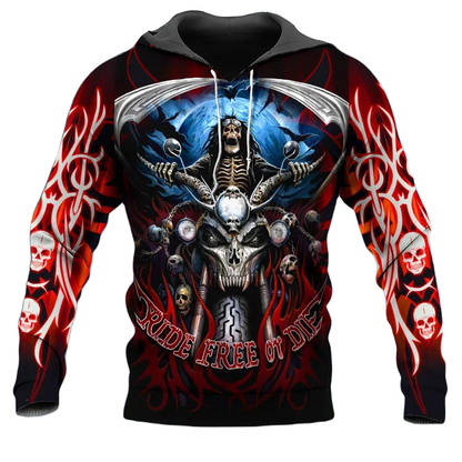Motorcycle Hoodie Ride Free Biker Skeleton Graphic Hoodie Red Black Unisex - Cozy Hoodie For Cold Weather