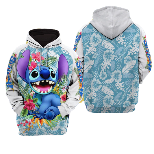 Stitch Hoodie Stitch Tropical Flowers Hoodie White Blue Unisex
