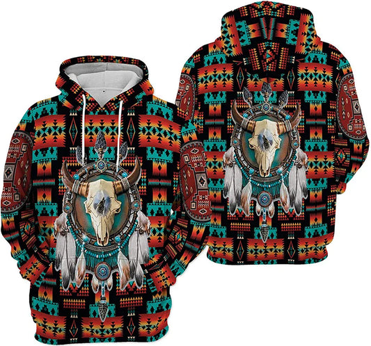 Native American Hoodie Native American Bison Skull Dreamcatcher Aztec Hoodie Brown Unisex - Cozy Hoodie For Cold Weather