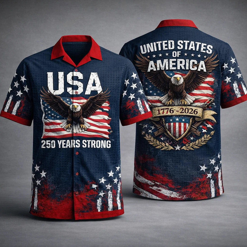 USA 250 Years Strong Hawaiian Shirt Eagle Flag 1776-2026 Patriotic