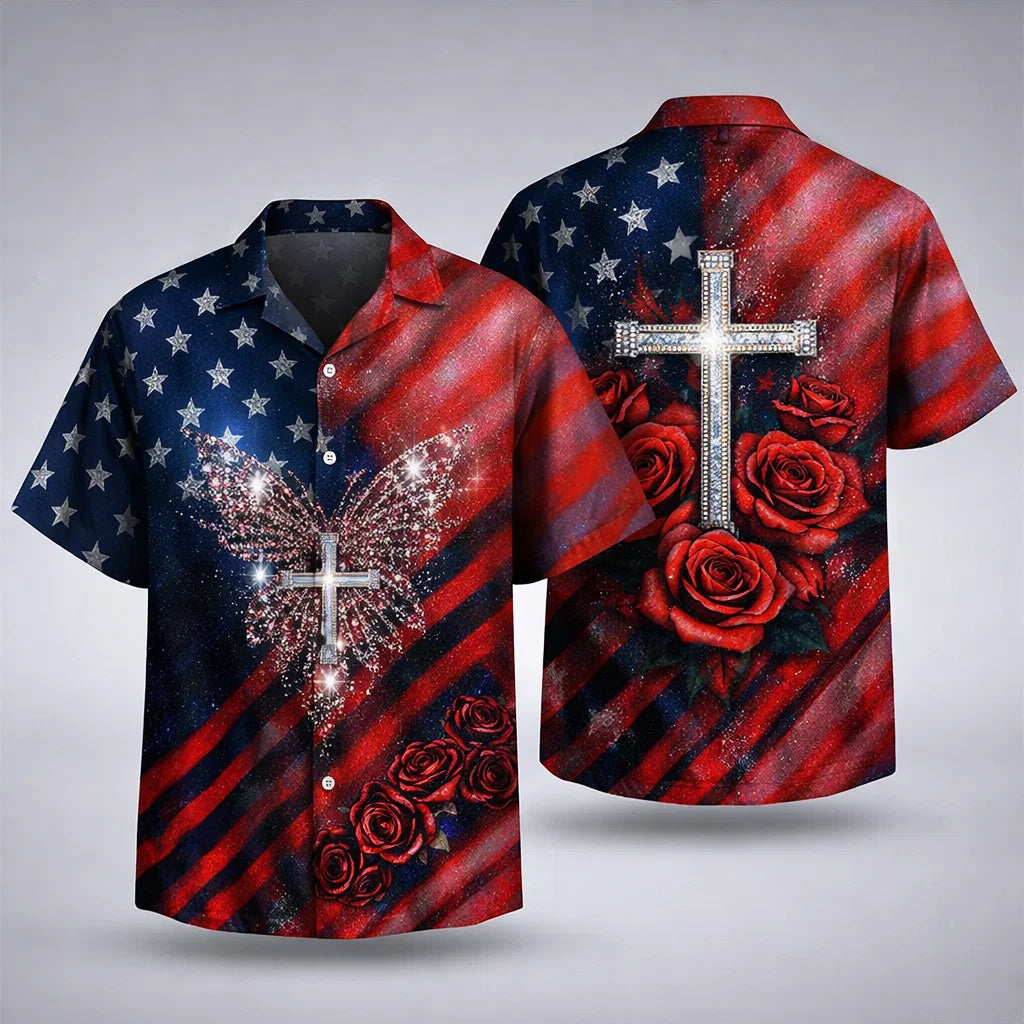 Christian Cross Rose American Flag Hawaiian Shirt Patriotic Jesus Gift