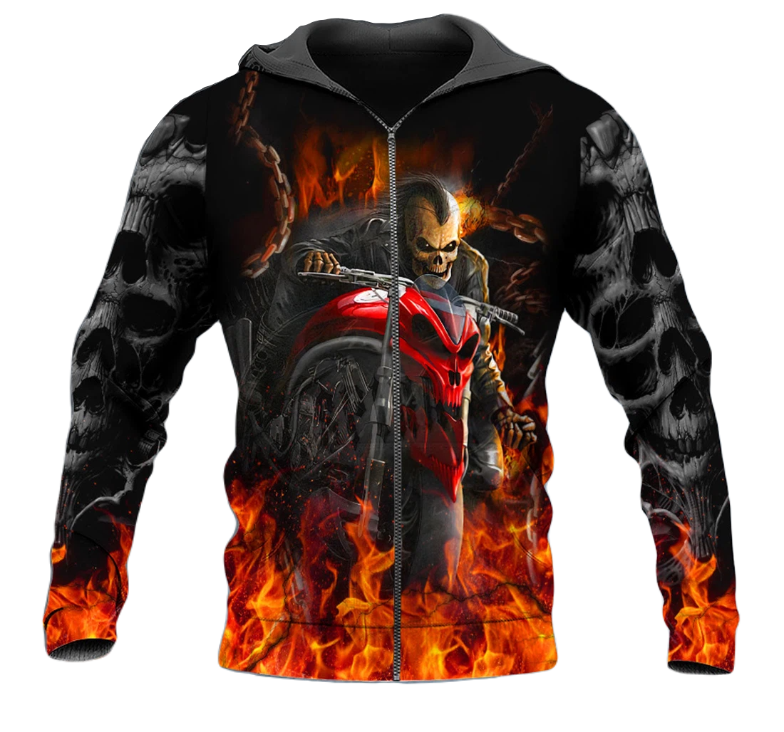 Motorcycle Zip Hoodie Flaming Motorcycle Skull Rider Zip Hoodie Black Orange Unisex - Cozy Hoodie For Cold Weather