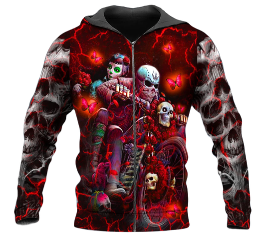 Motorcycle Zip Hoodie Motorcycle Skeleton Couple Sugar Skull Zip Hoodie Red Black Unisex - Cozy Hoodie For Cold Weather