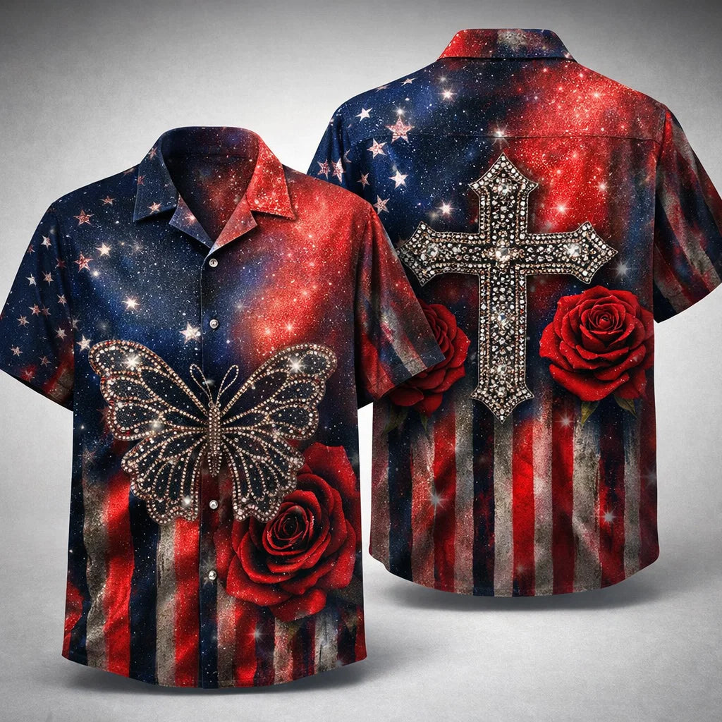 Christian Butterfly Cross American Flag Hawaiian Shirt Rose Patriotic Gift