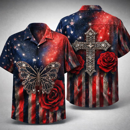 Christian Butterfly Cross American Flag Hawaiian Shirt Rose Patriotic Gift