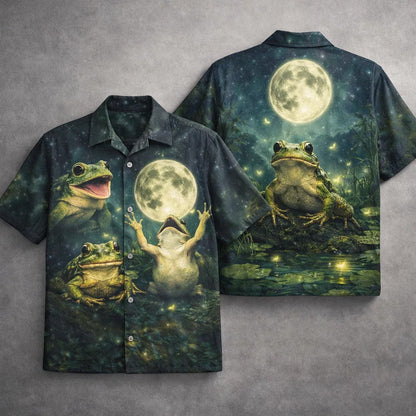 Frog Moon Hawaiian Shirt, Cute Night Frog Aloha Shirt, Fantasy Nature Shirt